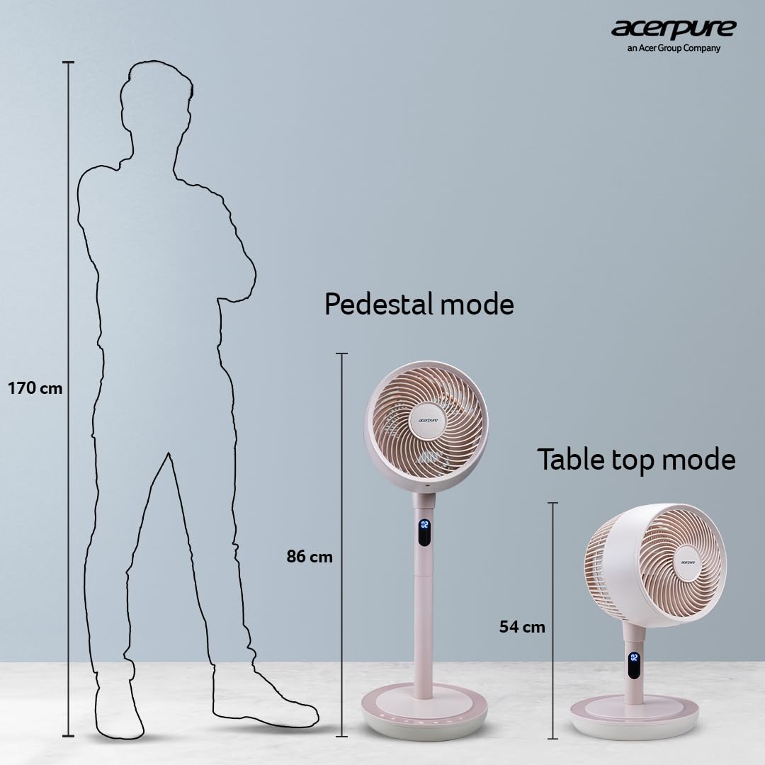 Acerpure Cozy F2 2-in-1 intelligent Pedestal and table Fan with Air Circulator|3years warranty|Energy efficient BLDC motor| 3D airflow technology|16 speed control and LED display|Whisper-quiet (Pink)