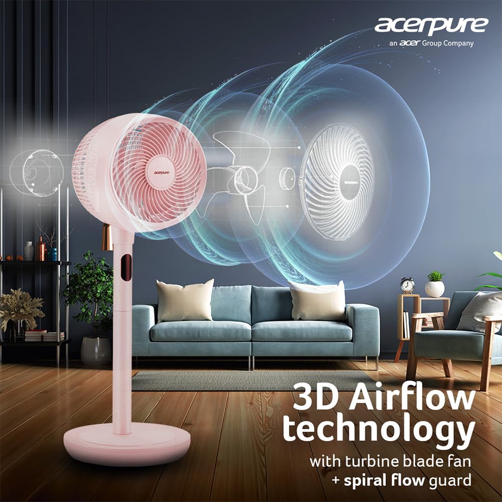 Acerpure Cozy F2 2-in-1 intelligent Pedestal and table Fan with Air Circulator|3years warranty|Energy efficient BLDC motor| 3D airflow technology|16 speed control and LED display|Whisper-quiet (Pink)