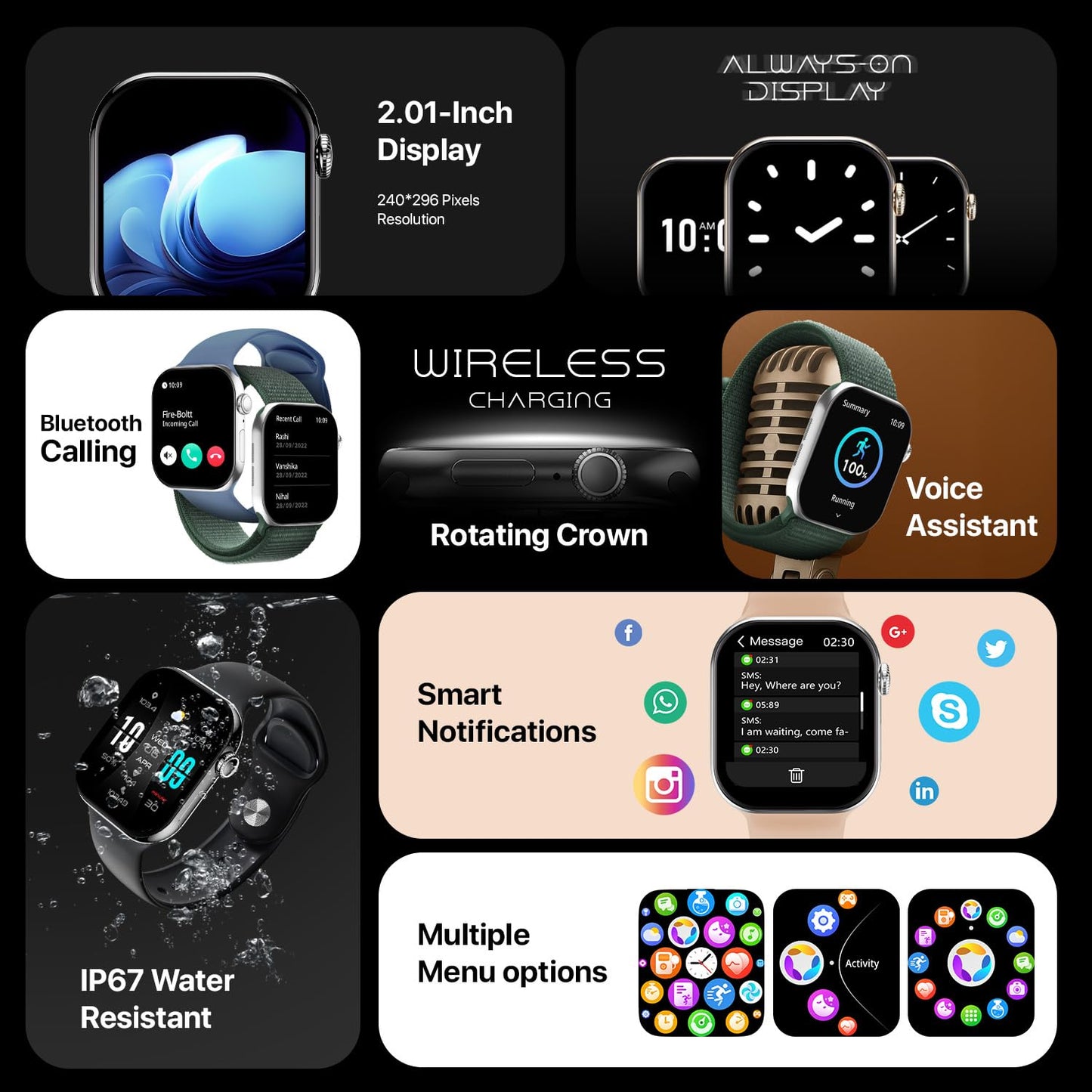 Fire-Boltt Ring X Smartwatch 2.01” Display with Always On Display, Bluetooth Calling, Wireless Charging, AI Voice Assistant, 100+ Sports Modes, Health Suite, 500+ Watchfaces (Black S)