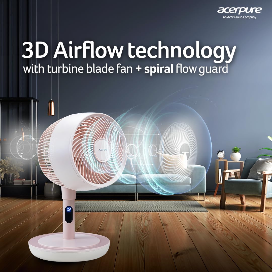 Acerpure Cozy F2 2-in-1 intelligent Pedestal and table Fan with Air Circulator|3years warranty|Energy efficient BLDC motor| 3D airflow technology|16 speed control and LED display|Whisper-quiet (Pink)