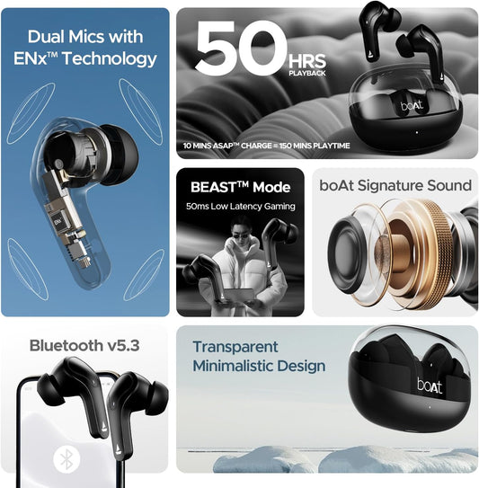 Airdopes 311 Pro Truly Wireless in Ear Earbuds, Up to 50 Hrs Playtime, Dual Mics, Low-Latency Mode, ASAP Charging, IPX4, IWP Tech, BT v5.3 (Active Black)