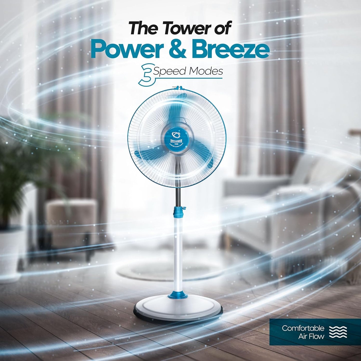SUMMERCOOL Yogi Pedestal Fan 400mm | High Speed 3 Blade Standing Fan | Heavy Duty Motor | Farrata Energy Saving Fan | Adjustable Height | for Home/Office/Factory | 1 Year Warranty (White & Blue)