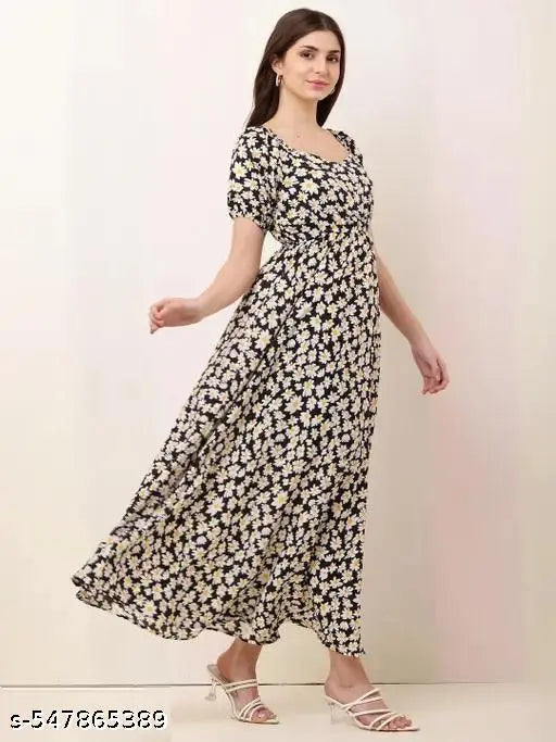 Printed Crepe Maxi Dress w/o Short Sleeves – India-Made