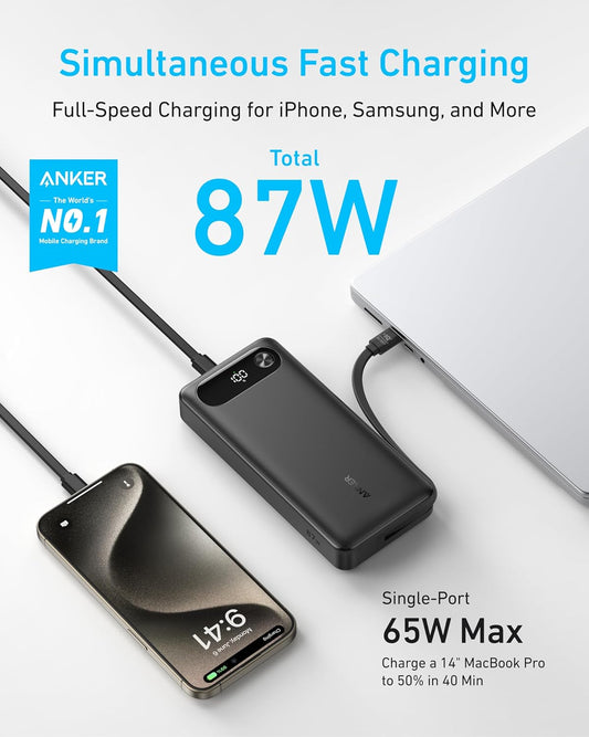 Anker Power Bank, 20,000mAh with Built-in USB-C Cable, 87W Max Fast Charging (PowerCore 20K for Laptop) Lenovo, HP, Dell, Microsoft, MacBook, iPad, iPhone, Apple Watches, Samsung and More - Black