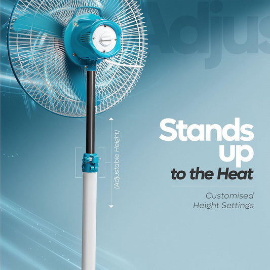 SUMMERCOOL Yogi Pedestal Fan 400mm | High Speed 3 Blade Standing Fan | Heavy Duty Motor | Farrata Energy Saving Fan | Adjustable Height | for Home/Office/Factory | 1 Year Warranty (White & Blue)