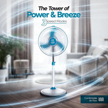 SUMMERCOOL Yogi Pedestal Fan 400mm | High Speed 3 Blade Standing Fan | Heavy Duty Motor | Farrata Energy Saving Fan | Adjustable Height | for Home/Office/Factory | 1 Year Warranty (White & Blue)