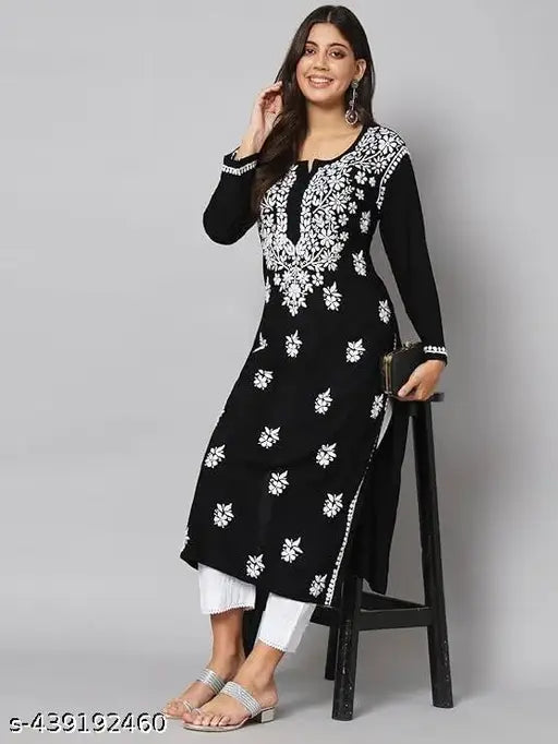 Kurti for Women in Georgette Fabric | Purple Kurti with Mirror Work and Gala Booti Embroidery | Traditional Chikan Kurta with Free Cotton Inner | Ethnic Wear for Casual, Party & Festive Occasions (Black)