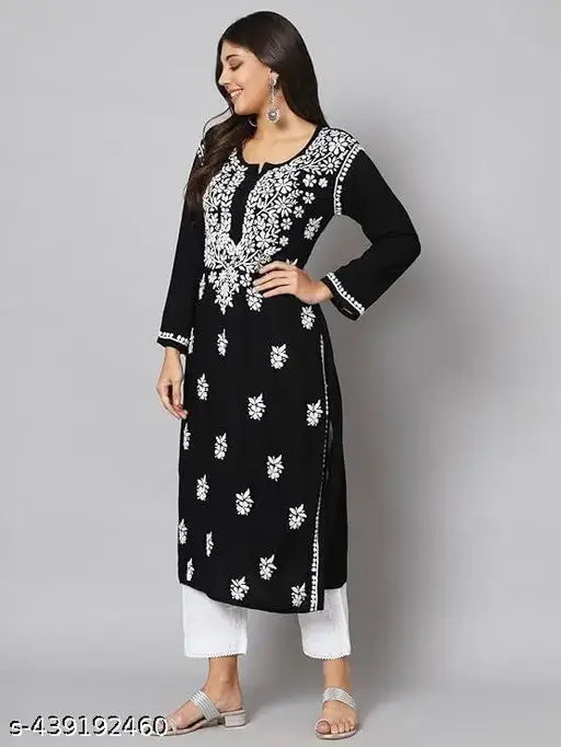 Kurti for Women in Georgette Fabric | Purple Kurti with Mirror Work and Gala Booti Embroidery | Traditional Chikan Kurta with Free Cotton Inner | Ethnic Wear for Casual, Party & Festive Occasions (Black)