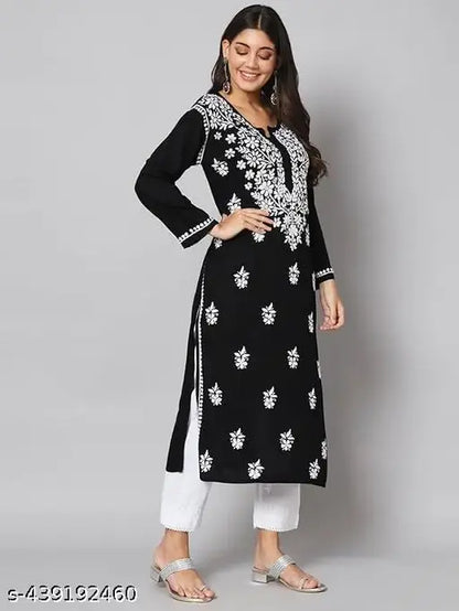 Kurti for Women in Georgette Fabric | Purple Kurti with Mirror Work and Gala Booti Embroidery | Traditional Chikan Kurta with Free Cotton Inner | Ethnic Wear for Casual, Party & Festive Occasions (Black)