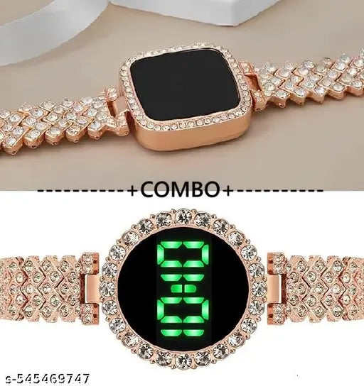 LED Touch Screen Digital Watch for Girls & Women CZ Stone Bracelet Watch Elegant Timepiece COMBO