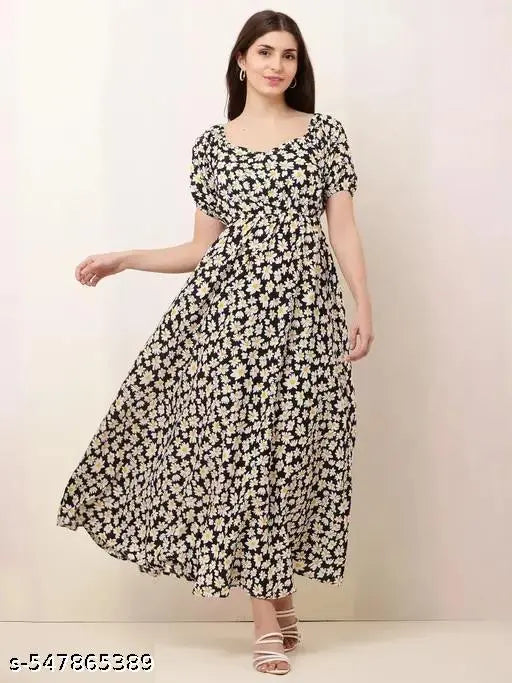 Printed Crepe Maxi Dress w/o Short Sleeves – India-Made