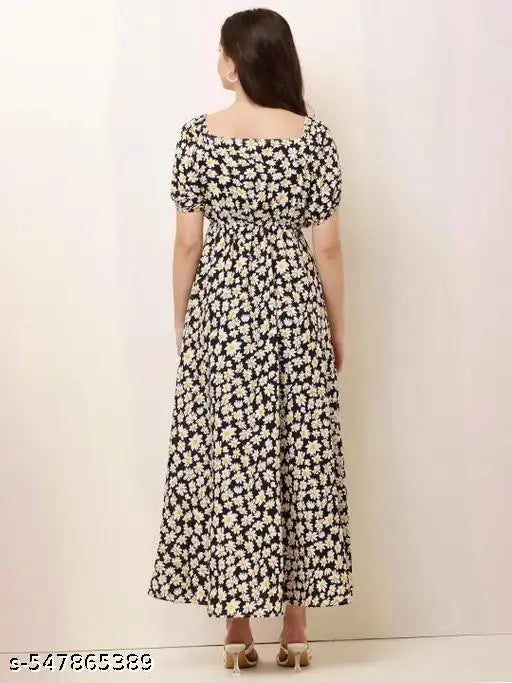 Printed Crepe Maxi Dress w/o Short Sleeves – India-Made