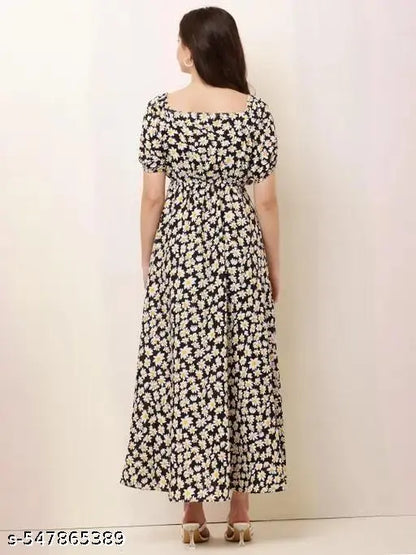 Printed Crepe Maxi Dress w/o Short Sleeves – India-Made
