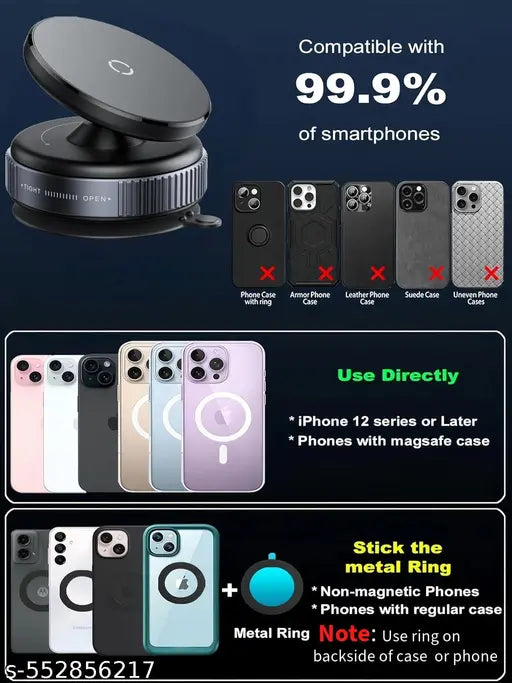 360° Vaccum Magnetic Phones Holder, Magnetic Car Phone Mount, Hands-Free Suction Cup Phones Holder for Car/Gym/Mirror/Shower, Car Mount Compatible with All Mobile (Non-Extended)